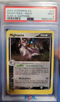 PSA 9 Mightyena 10/109 Ruby & Sapphire 2003 Pokemon Card Holo Foil MASSIVE SWIRL - Image 1