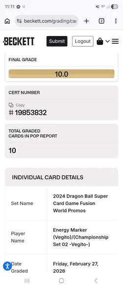 Vegito Energy Marker Promo E-02 Dragon Ball Super Card Game Fusion World BGS 10 - Image 3