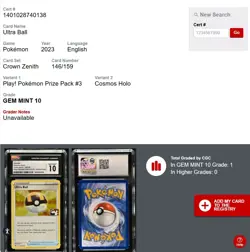 CGC 10 Ultra Ball 146/159 Cosmos Holo Play Pokemon Prize Pack #3 - POP 1 - Image 3
