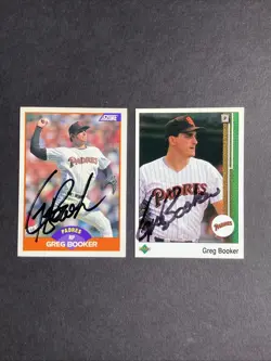 Greg Booker Autographed 2 Card Lot San Diego Padres Baseball Score Upper Deck - Image 1