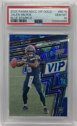 Jalen Milroe Rookie 2025 Panini NSCC Vip Gold Rookie Blue Sparkle #/75 PSA 10 SP - Image 1