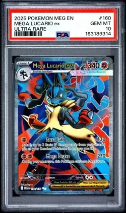 2025 Pokemon Mega Evolutions MEGA LUCARIO EX 160/132 Ultra Rare PSA 10 - Image 1
