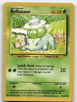 BULBASAUR 44/102 COMMON BASE SET UNLIMITED POKEMON HEAVILY PLAYED - Image 1