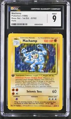 CGC 9 MINT Machamp 1999 Base Set 1st Edition 8/102 Holo Pokemon Card - Image 1