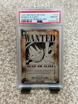 2025 One Piece Monkey D Luffy Secret Rare En Wanted Alt Art OP13-118 PSA 10 MINT - Image 1