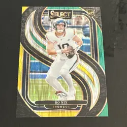 2024 Panini Select Premier Level Bo Nix #117 Green & Yellow Shock Prizm (RC) - Image 1