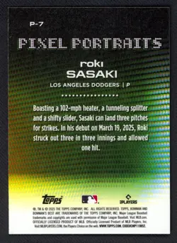 2025 Bowman's Best Roki Sasaki Pixel Portraits RC Rookie #P-7 Dodgers - Image 2