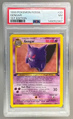 1999 Pokemon Fossil 1st Edition 20 Gengar PSA 7 148052967 - Image 1