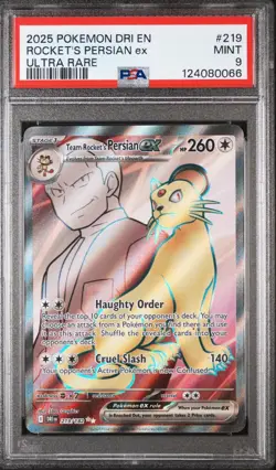2025 POKEMON DRI EN-DESTINED RIVALS ULTRA RARE TEAM ROCKET'S PERSIAN EX PSA 9 - Image 1