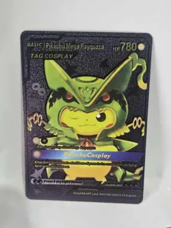 Custom Pokemon Pikachu Mega Rayquaza Black Foil Holo Fan Art Card - Image 1