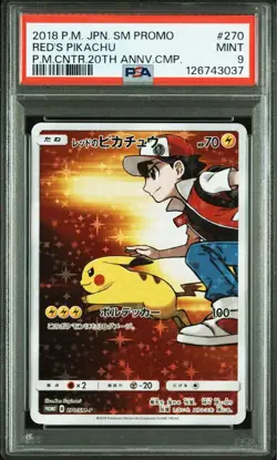 PSA 9 Red's Pikachu Pokemon Card Japanese 270/SM-P P.M. Center 20th Annv Promo - Image 1