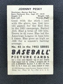 1952 BOWMAN # 45 JOHNNY PESKY Boston RED SOX VG-EX See Pics - Image 2