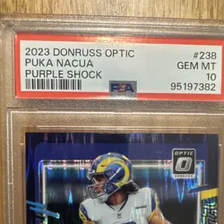 Panini 2023 Donruss Optic Puka Nacua RC Purple Shock Prizm #238 PSA 10 - Image 2