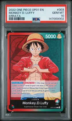 2022 ONE PIECE OP01-ROMANCE DAWN - ERRATA #003 MONKEY D. LUFFY PSA 10 - Image 1