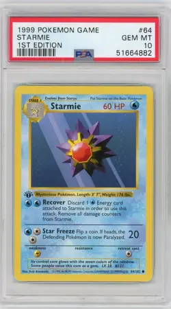 PSA 10 Pokemon TCG 1999 Base Set 1st Edition Shadowless -Starmie 64/102 - Image 1