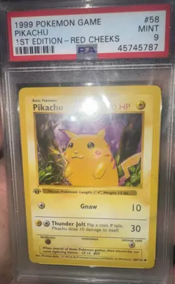 1999 Pokemon Base Set Red Cheeks Pikachu Card 58/102 1st Edition PSA 9 Mint - Image 1