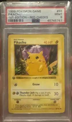 1999 Pokemon Base Set Red Cheeks Pikachu Card 58/102 1st Edition PSA 9 Mint - Image 3