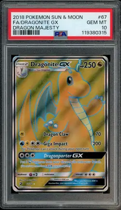 2018 POKEMON SUN & MOON #67 FULL ART DRAGONITE GX GEM MT PSA 10 DRAGON MAJESTY - Image 1