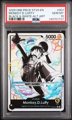 ENGLISH ONE PIECE ST29 EGGHEAD #001 MONKEY D. LUFFY BLACK & WHITE ALT ART PSA 10 - Image 1