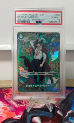 7630 Dracule Mihawk 2025 Japanese One Piece OP14 #OP12-030 Special Art PSA 10 - Image 3