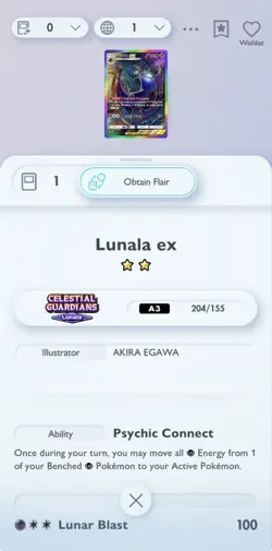 Lunala EX Rainbow Celestial Guardians Pokemon TCG Pocket 2 Star ⭐⭐ (English) - Image 2