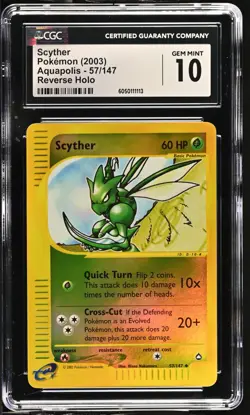 Scyther 57/147 Aquapolis Reverse Holo CGC 10 GEM MINT Vintage WOTC Pokemon Card - Image 1