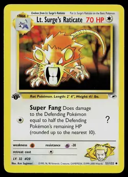 Pokemon Card - Lt. Surge's Raticate Gym Heroes 51/132 Uncommon 1st Edition - Image 1