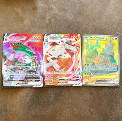 Nintendo Pokemon TCG 3 Card Lot Rayquaza VMAX, Stonjourner VMAX, Wo-Chien ex - Image 1