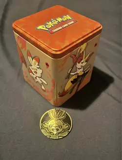 Pokemon TCG: Fire Stacking Tin (Empty) with Collectible Scorbunny Coin - Image 1