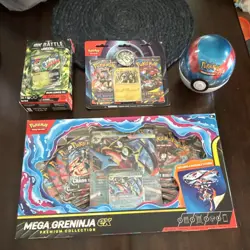 Pokemon Sealed Lot: Mega Greninja Ex, Pokeball Tin, Blister Pack And Battle Deck - Image 1