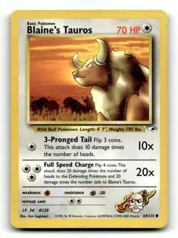 Blaine's Tauros 64/132 Common Gym Heroes Pokemon Unlimited MP - Image 1