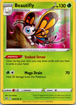2022 Pokemon Lost Origin Beautifly Holo 008/196 LP - Image 1