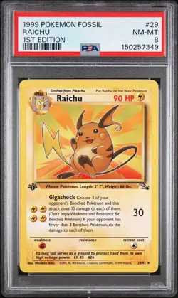 1999 Pokemon Fossil 1st Edition Raichu #29/62 PSA 8 NM-MT - Image 1