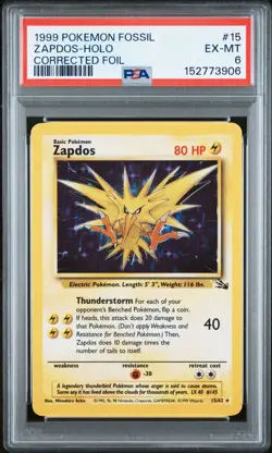 Pokemon: 1999 FOSSIL CORRECTED FOIL #15 ZAPDOS-HOLO PSA 6 - Image 1