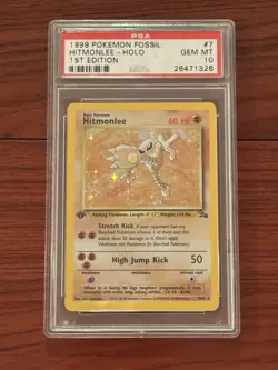 Pokemon 1999 Hitmonlee Fossil 1st Edition Holo Rare #7 PSA 10 Gem Mint English - Image 1