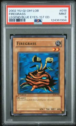 2002 YU-GI-OH! LOB-LEGEND OF BLUE EYES WHITE DRAGON 1ST ED #018 FIREGRASS PSA 9 - Image 1