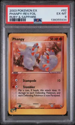 2003 POKEMON EX RUBY & SAPPHIRE #62 PHANPY-REVERSE FOIL PSA 6 - Image 1