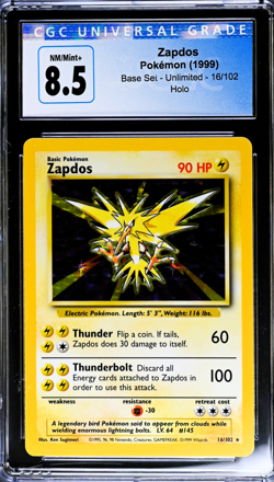 1999 POKEMON BASE SET UNLIMITED HOLO RARE #16/102 ZAPDOS CGC 8.5 BLUE LABEL!! - Image 1