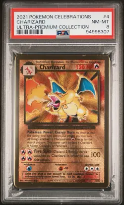 2021 POKEMON CELEBRATIONS UPC PROMO #58/102 CHARIZARD GOLD METAL CARD PSA 8 - Image 1