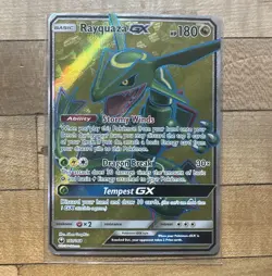 Pokemon Card Rayquaza GX Full Art Holo 160/168 moderate damage on back - Image 1