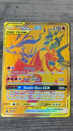 Reshiram & Charizard GX - SM247 - Full Art Gold Promo Ultra Rare Pokemon Card NM - Image 1