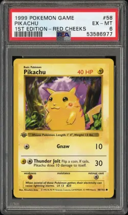 1999 Pokemon Game Pikachu #58 1ST Edition Red Cheeks Error PSA 6 - Image 1