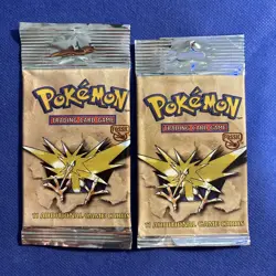 2x EMPTY Fossil Unlimited Pokemon Booster Pack Wrapper (Zapdos Art) Long Crimp - Image 1
