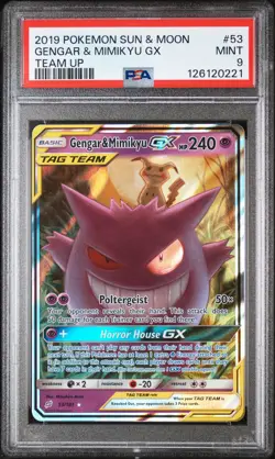 2019 POKEMON SUN & MOON TEAM UP #53 GENGAR & MIMIKYU GX PSA 9 - Image 1