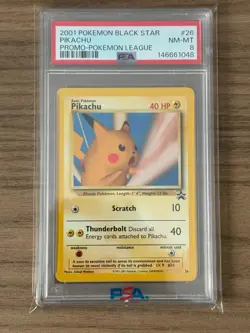 2001 POKEMON PROMO BLACK STAR POKEMON LEAGUE #26 PIKACHU PSA 8 - Image 1