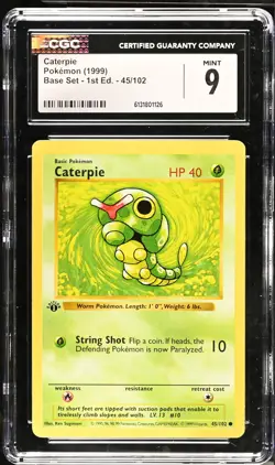 CGC 9 MINT Caterpie 45/102 1st Edition Shadowless Base Set Pokemon Card - Image 1