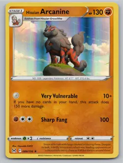 2022 POKEMON HISUIAN ARCANINE LOST ORIGIN 084/196 HOLO HOLO RARE NM - Image 1