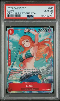 Bandai 2022 One Piece Card Game Nami OP01-016 Alt Art Errata Foil PSA 10 - Image 1