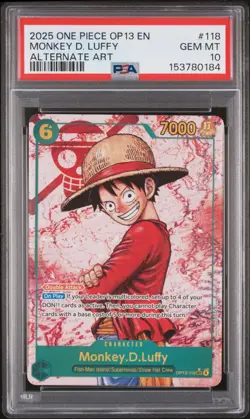 2025 One Piece OP13 EN #118 Monkey.D.Luffy ALT ART PSA 10 GEM MINT - Image 1