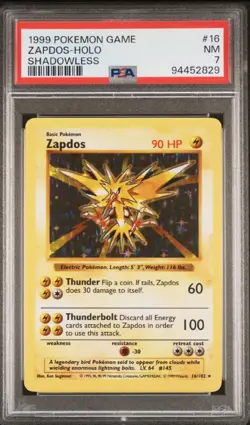 1999 Pokemon Base Set Shadowless Holo Zapdos #16 PSA 7 - Image 1